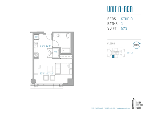 Floor plan for studio, 1 bath, 572 sqft